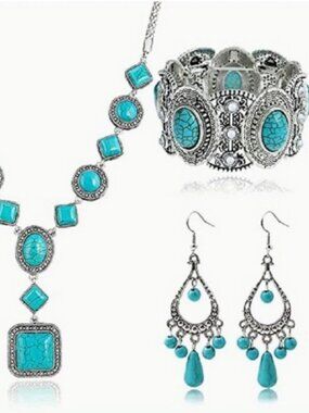 Bohemian Turquoise Silver Plated Necklace, Bracelet, and Bead Earrings Set